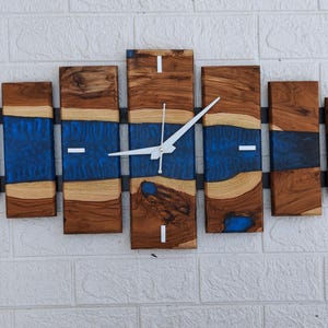 Blue Epoxy Resin Wall Clock: Handmade Teak Wood Rectangular Art