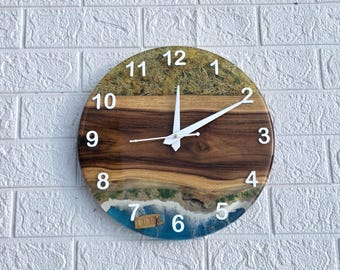 Island Wall Clock, Ocean Resin Wood Clock, Preserved Moss Coastal Decor