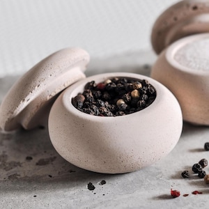 Kryddburk i betong med lock | Modern örtbehållare i cement | Minimalistisk förvaringskruka i kök