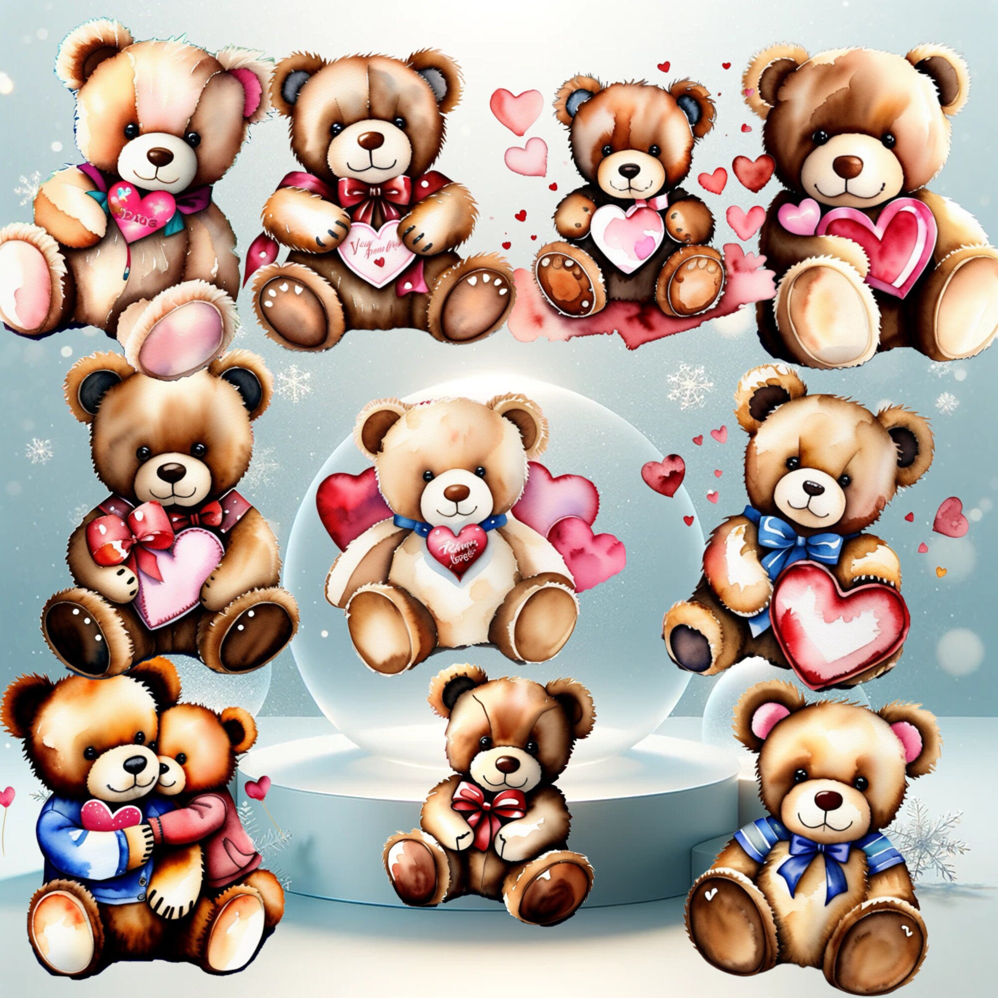 Valentines Teddy Bear Watercolor Clipart, 40 PNG Valentines Day Clipart ...