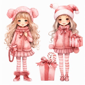 Clipart di Natale rosa, Clipart per ragazze di Natale, Clipart per le vacanze, Acquerello, Clipart di Natale, PNG di Natale