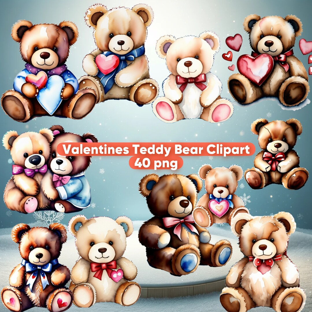 Valentines Teddy Bear Watercolor Clipart, 40 PNG Valentines Day Clipart ...