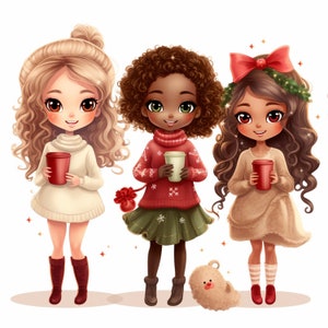 Clipart de meninas de Natal PNG, PNG transparente, clipart de meninas bonitas, pacote de clipart aquarela de meninas de Natal