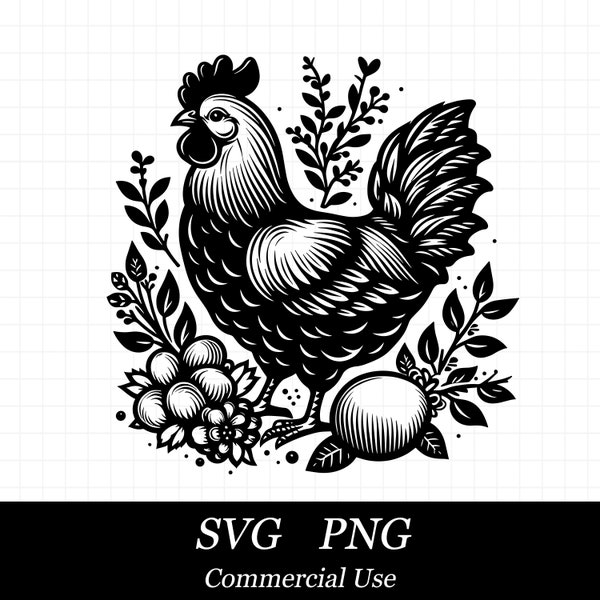 Floral Chicken SVG PNG, Chicken Svg, Farm Animal Svg, SVG Files for Cricut, Commercial Use, Instant Digital Download,