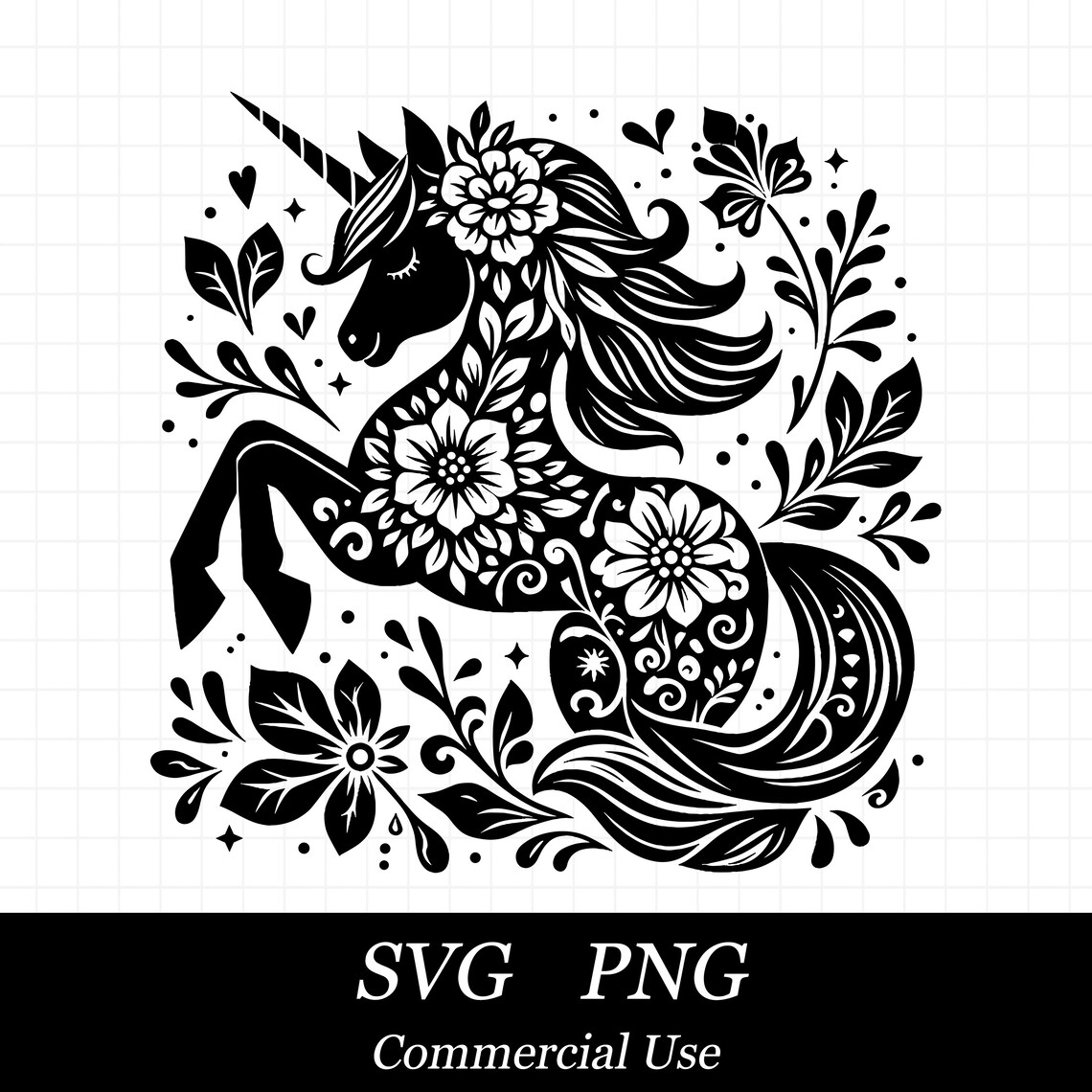 Floral Unicorn SVG PNG, Mythical Horse Svg, Flowers Svg, SVG Files for