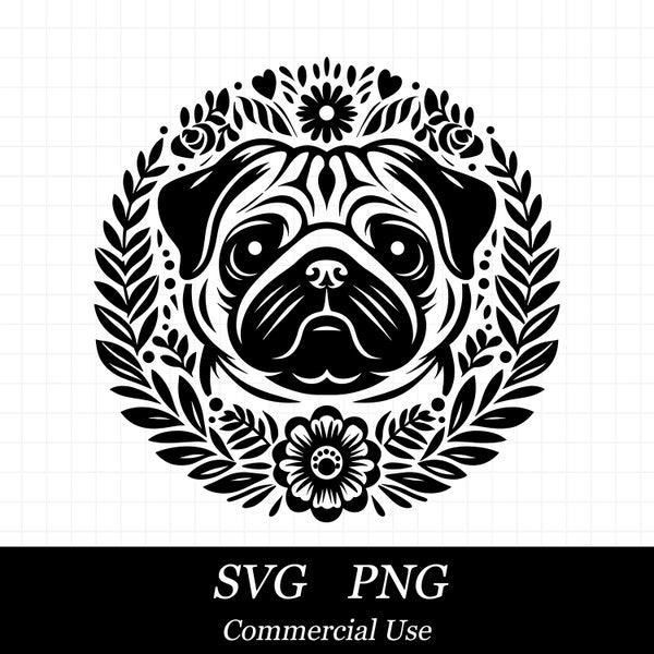 Pug SVG PNG, Dog Svg, Dog Mama Svg, SVG Files for Cricut, Commercial Use, Instant Digital Download, Floral Flowers Svg