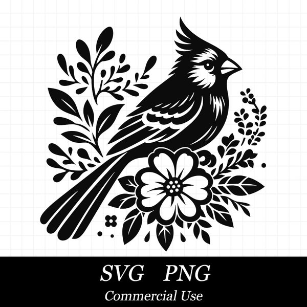 Red Cardinal Bird SVG PNG, Botanical Cardinal Svg, Floral Cardinal Svg, SVG Files for Cricut, Commercial Use, Instant Digital Download,
