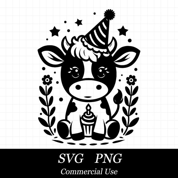 Birthday Cow SVG PNG, Birthday Svg, Cute Cow Svg, SVG Files for Cricut, Commercial Use, Instant Digital Download, Farm Animal Svg,