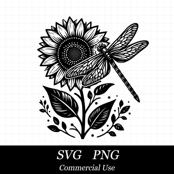 Sunflower Dragonfly SVG, Floral Svg, SVG Files for Cricut, Commercial Use, Instant Digital Download, Flowers Svg,