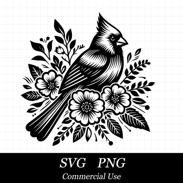 Red Cardinal Bird SVG PNG, Botanical Cardinal Svg, Floral Cardinal Svg, SVG Files for Cricut, Commercial Use, Instant Digital Download,