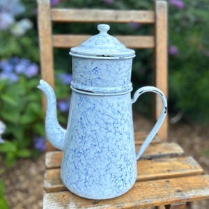Antique French Graniteware Coffee Pot: Blue and White Enamelware, 14 inch
