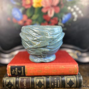 Vintage McCoy Pottery Flying Swallows Jardiniere Planter in Unusual Turquoise Blue Glaze