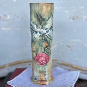 Lovely Weller Pottery 9 inch Flemish 1920s Vintage Art Pottery Red Rose Blue Bow Bud Vase