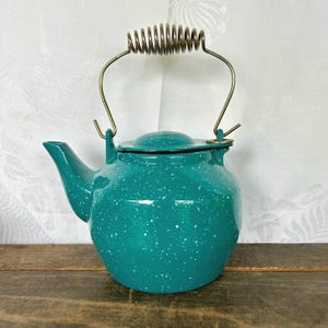 May include: Teal blue enamel teapot with a white speckled finish and a spring-loaded handle.