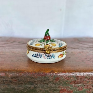 Vintage Limoges Hand Painted Flower Basket Trinket Box by C Peint Main