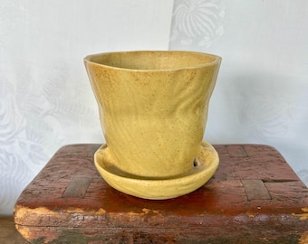 Vintage Brush McCoy Tree Trunk Planter with Attached Saucer in Speckled Yellow