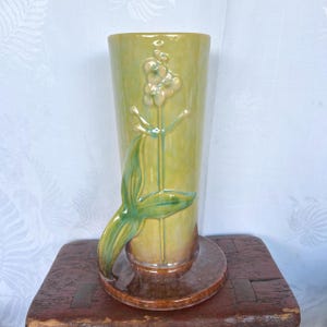 Large Roseville Pottery Vintage Chartreuse and Plum Wincraft Ceramic Vase with Floral Motif 285-10