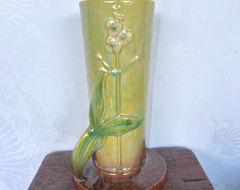 Large Roseville Pottery Vintage Chartreuse and Plum Wincraft Ceramic Vase with Floral Motif 285-10