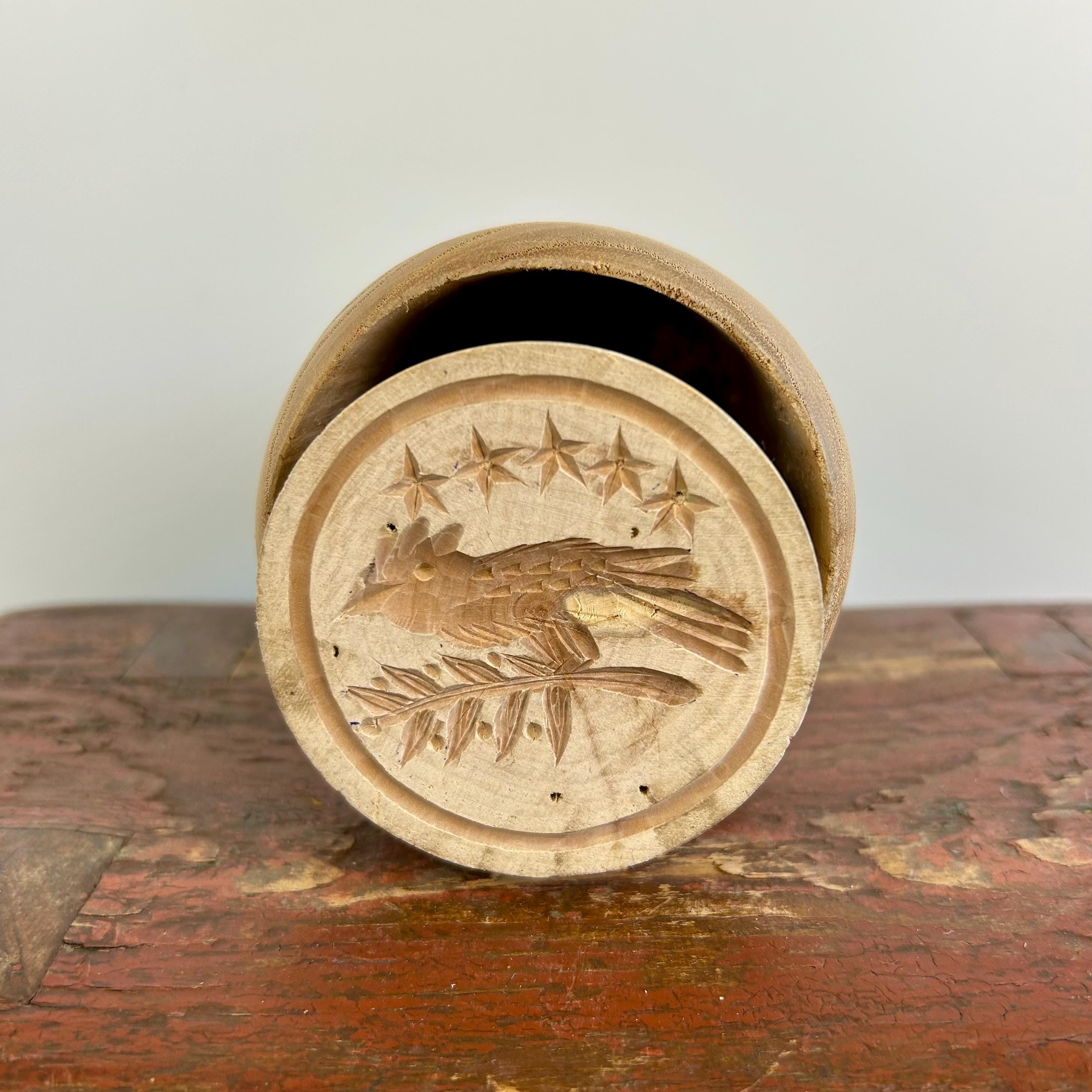 Vintage Wooden Butter Mold: Hand Carved Bird & Stars, Farmhouse Vintage Wooden Butter Mold: Hand Carved Bird & Stars, Farmhouse