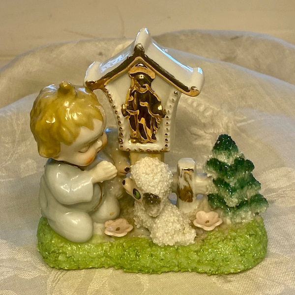 Napco Woodland Angels Boy Praying with Sugar Sheep, Vintage