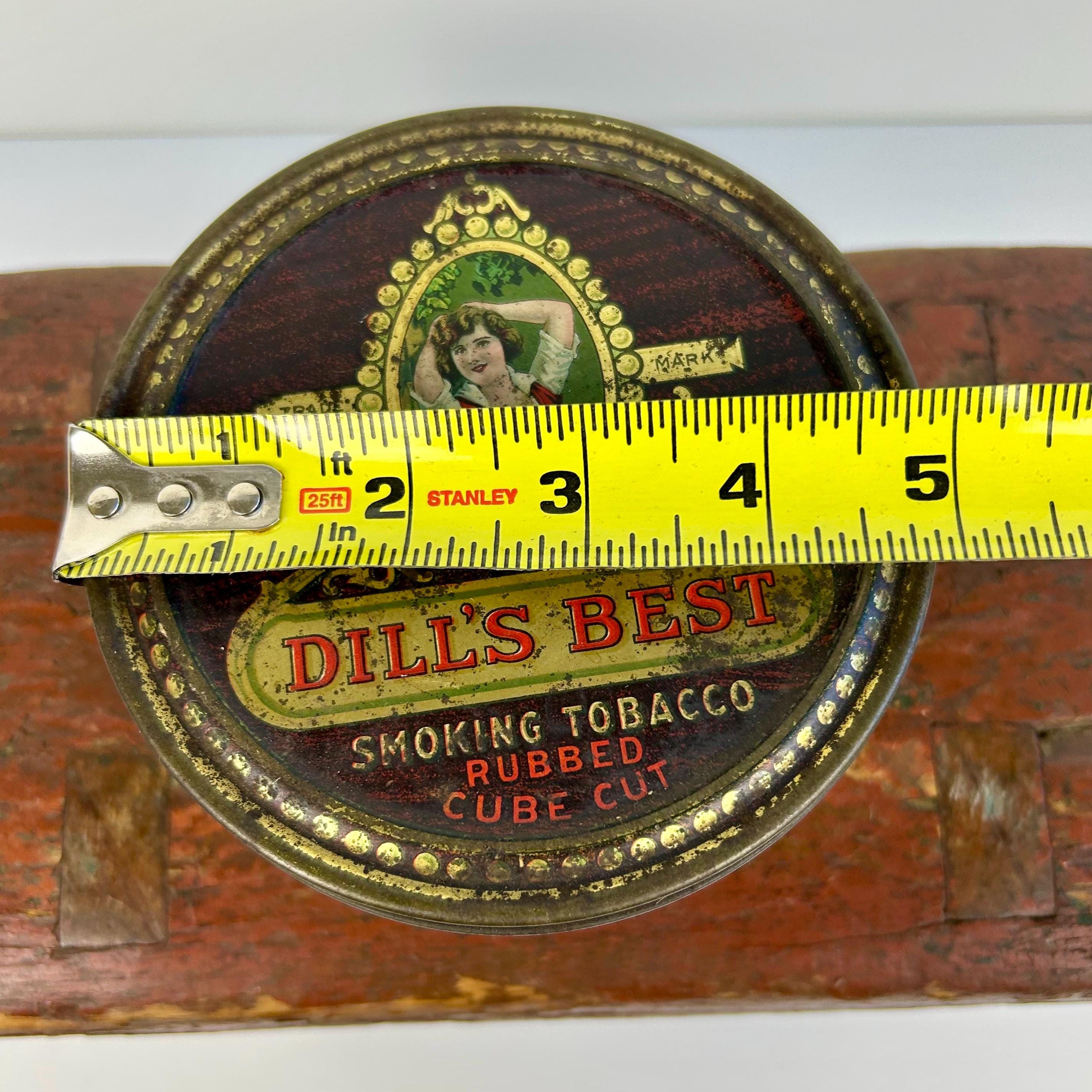dill's best tobacco Vintage Smoking Patented Humidor Can Advertising Tin, Antique Tobacco Advertising Tin 1931 Dill's Best Smoking Tobacco