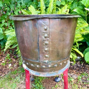 Early 1800’s Large 18 Inch Antique English Copper Riveted Cauldron, Firewood Bin or Planter