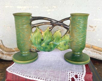 Vintage Roseville Pottery Bushberry Gate Double Bud Vase in Green 158-4 1/2