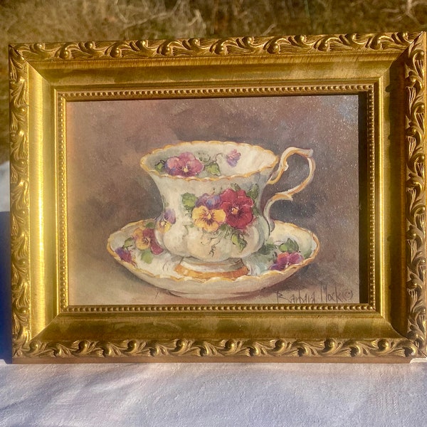Barbara Mock floral framed, signed print vintage cottagecore chic, Country Charm, Floral Decor