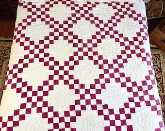 Vintage Handmade Double Irish Chain Quilt in Maroon Red and White