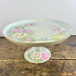 Vintage Antique Hand Painted Signed Floral Rose Porcelain Cake Stand with Gilding