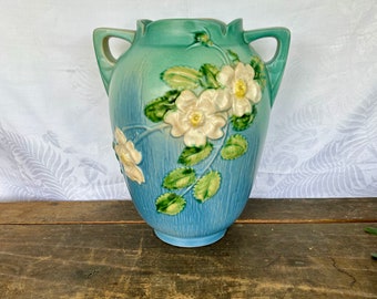 Vintage Roseville Pottery White Rose Floor Vase/Urn 991-12 in Blue Coral Glaze, Rare Roseville Vintage Mid Century Vase