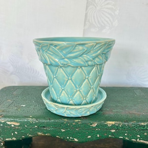 Vintage McCoy Pottery Quilted Planter with Attached Saucer in Blue