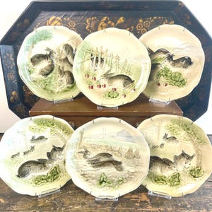 Incredible Set of 6 Antique French Faience Majolica Choisy Le Roi Bunny Plates Imported by Higgins & Seiter
