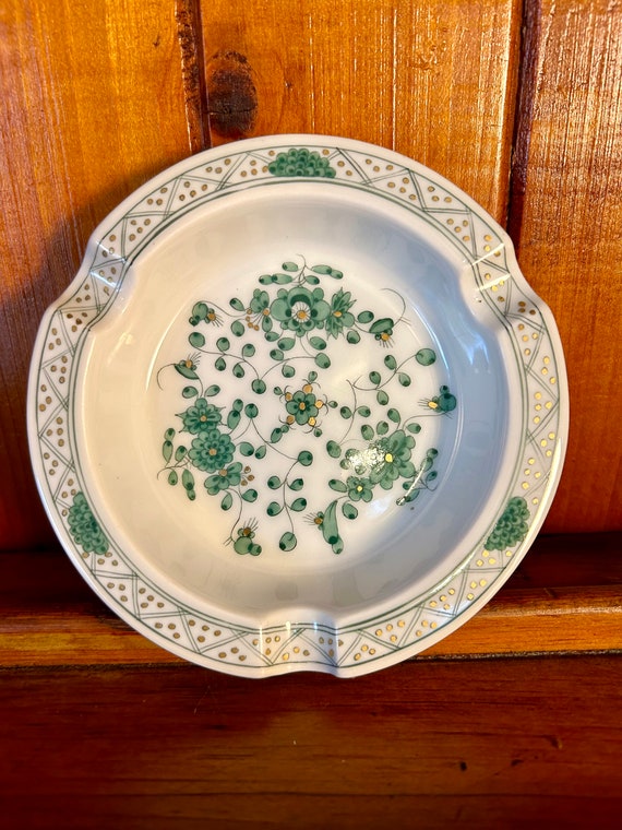 Glamorous Vintage Meissen Green Indian Flowers Trinket Dish