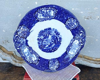 Antique German Flow Blue Transferware Cake Plate by Franz Mehlem in Pattern Malta