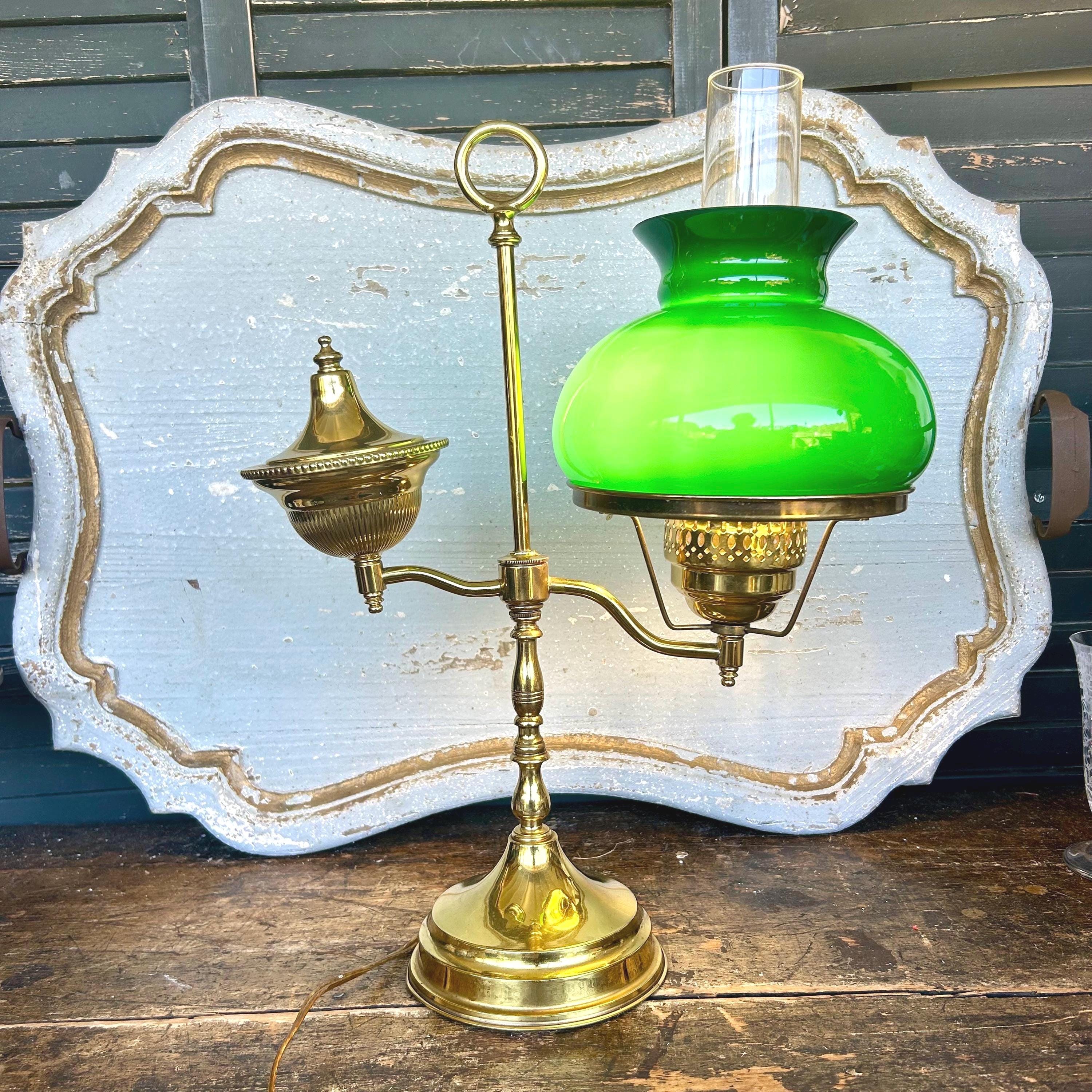Antique Electrified Brass Single Arm Student Lamp With Green Glass
