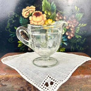 Antique Pressed Glass Footed Pitcher Creamer with Floral Etching