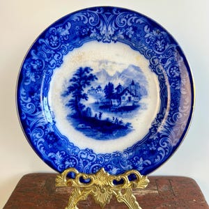 Rare Antique Flow Blue Royal Doulton Transferware Plate in the Geneva Pattern