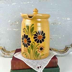 Large Antique French Earthenware Lidded Milk Pitcher with Traditional French Folk Art Hand Painted Floral Designs