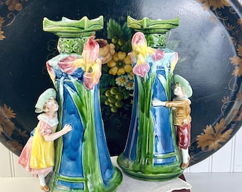 Pair of Art Nouveau Royal Dux Majolica Figural Boy and Girl Vases or Candle Holders