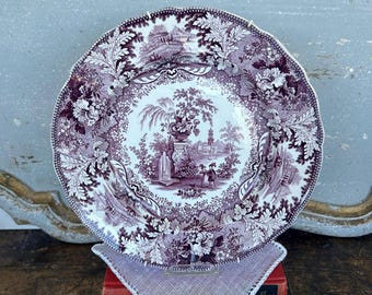Antique Mulberry Transferware Plate • “Fountain Scenery” • c.1835 Staffordshire England • 10” Romantic Landscape Purple China