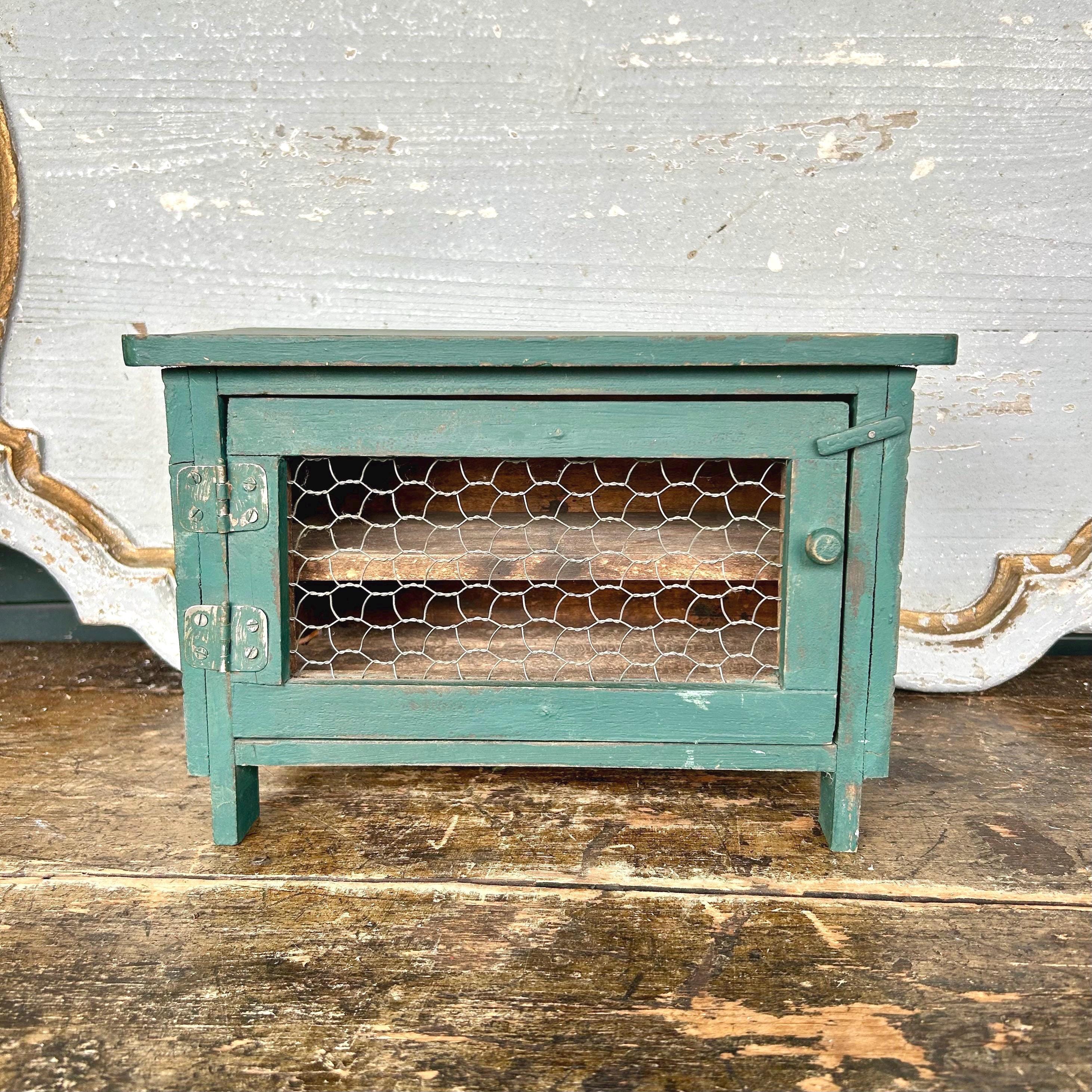 Vintage Primitive Tabletop Pie Safe Cabinet With Chicken Wire and