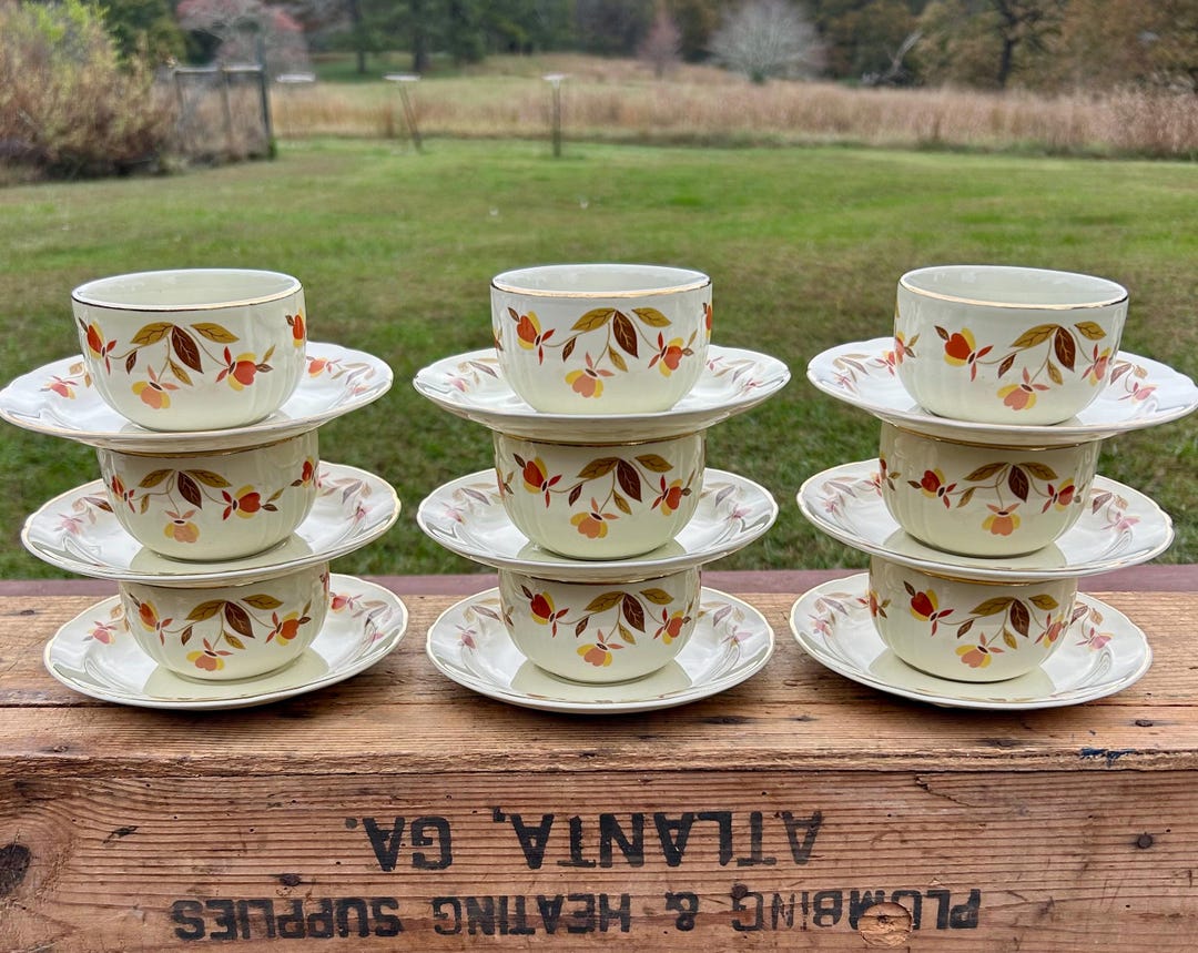 Halls Tea Set Halls Superior Jewel Tea Autumn Leaf Custard Cup and Saucer, Set of 3 ...