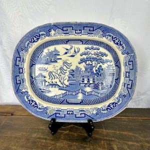 19th Century English Staffordshire Blue Willow Ware Chinoiserie Transferware Rectangular Large 16x12 Platter