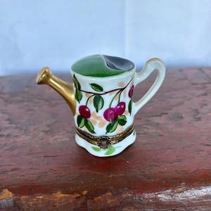 Retired Limoges Watering Can Trinket Box Decorated With Hand Painted Cherries, Vintage French Porcelain
