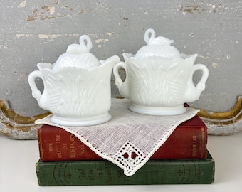 Vintage Westmoreland Milk Glass Swan and Cattails Covered Sugar Dish and Creamer