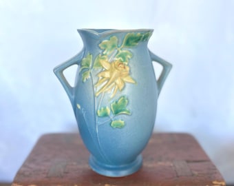 Vintage Roseville Pottery Columbine Vase 17-7 in Frost Blue