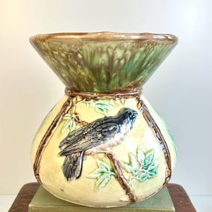 Beautiful Antique Barbotine Slip Majolica Birds and Branches Cuspidor Spittoon Planter