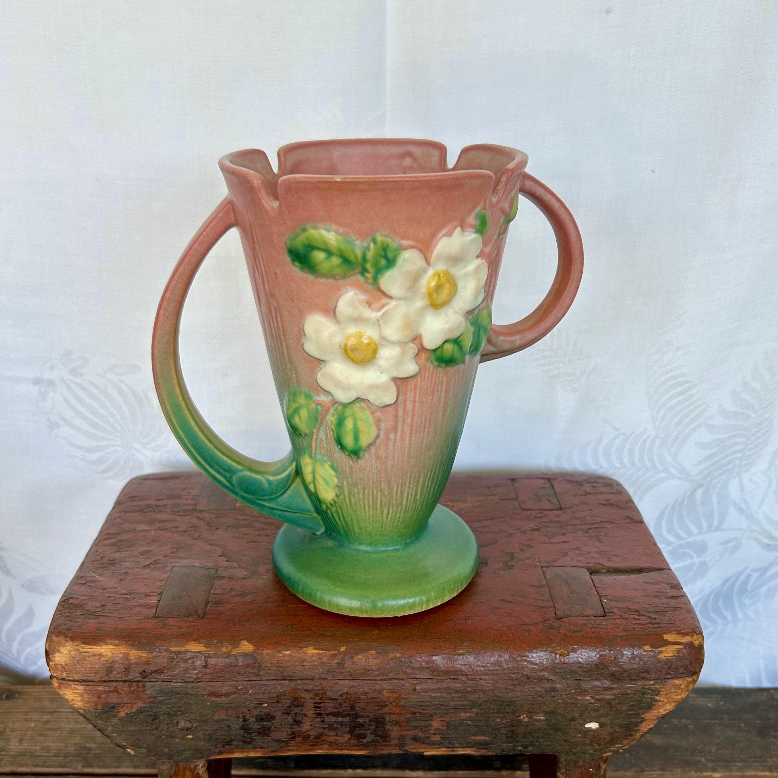 Roseville Pottery Green and Terracotta Pink, White Rose Double Handle Vase #147-8