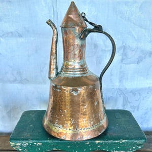 Antique Middle Eastern Arabic Hand Forged Hammered Copper & Brass Ewer Water Pitcher with Lid
